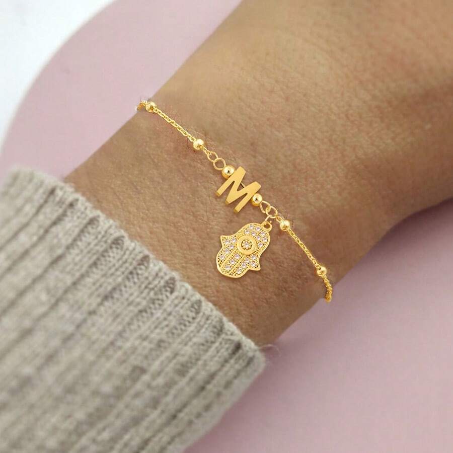 1件新款时尚手写字母金色不锈钢珠链手链，女士款 - 金黃色 - 查看 1