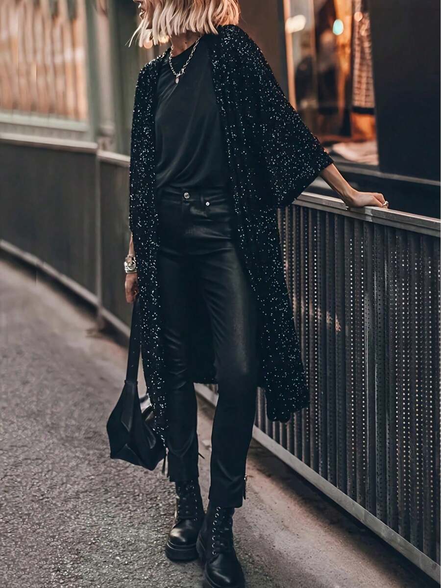 New Year's Party Night Out Black Sequin Oversized Kimono Cardigan - 黑色 - 查看 1