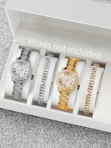 4pcs/Set Women's Fashion Rhinestone Encrusted Roman Scale Quartz Watch With Steel Band + Rhinestone Bracelet - Multicolor - View 12