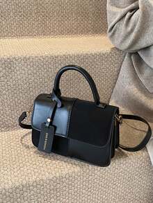 Women's Square Handbag With Dual-Color Plaid Patchwork Design, Fashionable, Elegant, Minimalist, Crossbody, Black - 黑色 - 查看 2