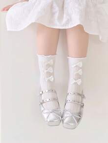 4双装女童透气网眼中筒袜，甜美蝴蝶结公主洛丽塔荷叶边装饰休闲学生袜，春夏款 - 彩色 - 查看 6