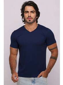 Men's Basic V-Neck T-Shirt, Navy Blue, Cool Knit, Versatile, Comfortable, Perfect, High Quality, On . - Navy Blue - View 9