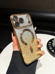 1pc Ombre Leopard Glitter Magnetic Adsorption Electroplated Lens Protective TPU Phone Case Compatible With IPhone 17 - Gold - View 20