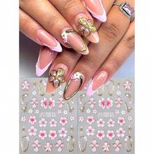 2Pcs 5D Embossed Spring/Summer Hibiscus Nail Stickers, Pink Gradient Hibiscus Pattern And French Gold Outline Design - Self-Adhesive Nail Stickers, Cute And Charming Decorative Stickers, Create Elegant Spring/Summer Nail Art DIY - Nail Salon Supplies - Multicolor - View 10