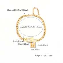 1 pieza Nuevo brazalete de cadena Figaro de acero inoxidable dorado con inicial en forma de corazón clásico para hombres - Amarillo Oro - Ver 2