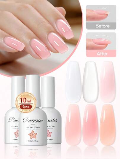  PEACECOLOR 6pcs/Set 10ml Gel Nail Polish, Nail Repair Gel Kit, Nude Self-Leveling Structured Gel, UV LED Curing Nail Strengthening Gel Suitable For Damaged Nails Home DIY & Salon Use