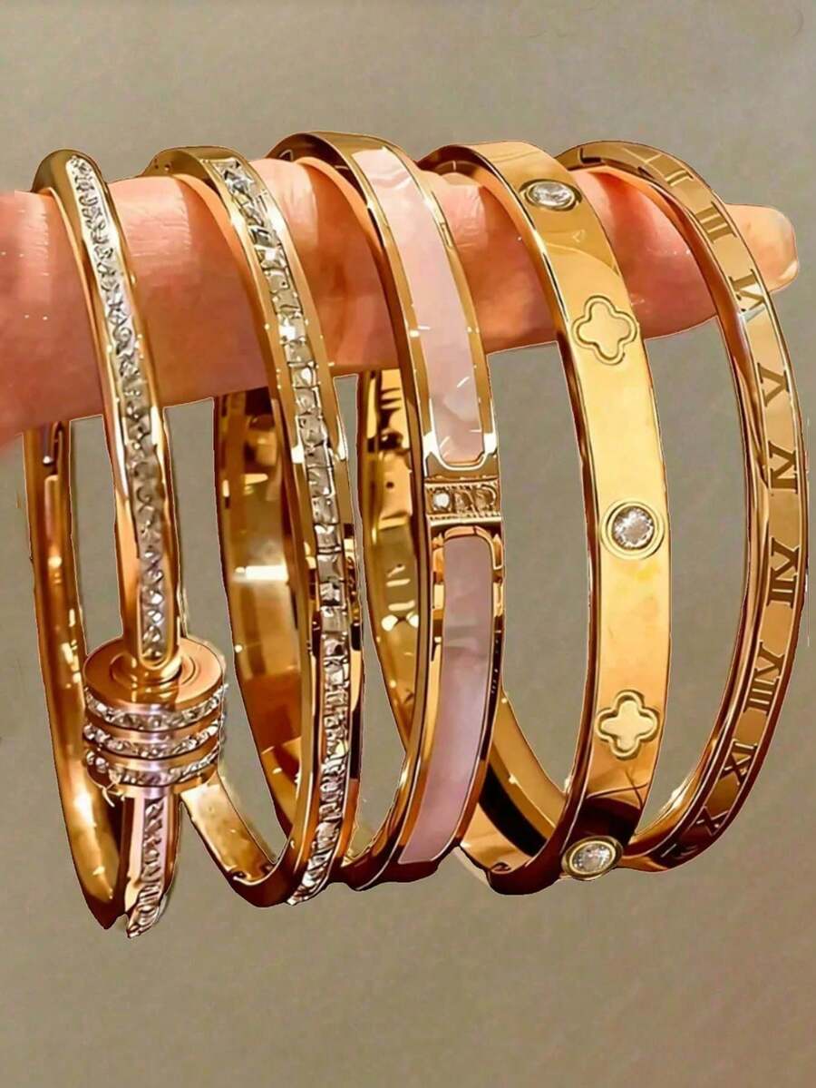 18K镀金女士手镯，可叠戴手镯，饰有罗马数字和四叶草图案，时尚饰品，适合日常佩戴和送礼