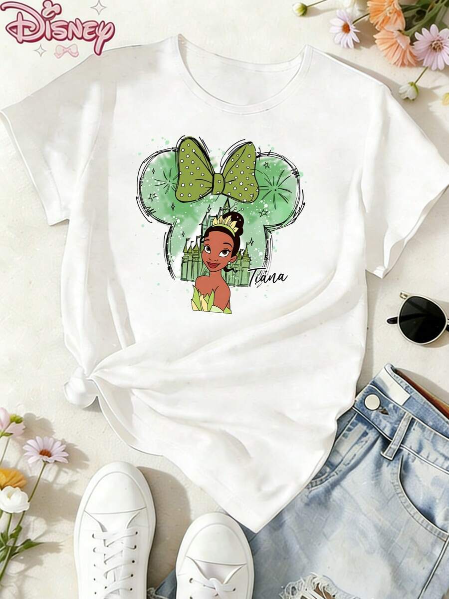 Disney T-Shirt,Disney Ladies T-Shirt Featuring Classic Disney Tiana Princesses Characters Patterns, Made Of Soft, Comfortable And Durable Fabric. A Spring/Summer Round-Neck Short-Sleeved T-Shirt, Suitable For Daily Wear, Shopping, Traveling And Party Outfits. Also A Wonderful Gift,Multiple Colors Are Available For Selection. - 白色 - 查看 1