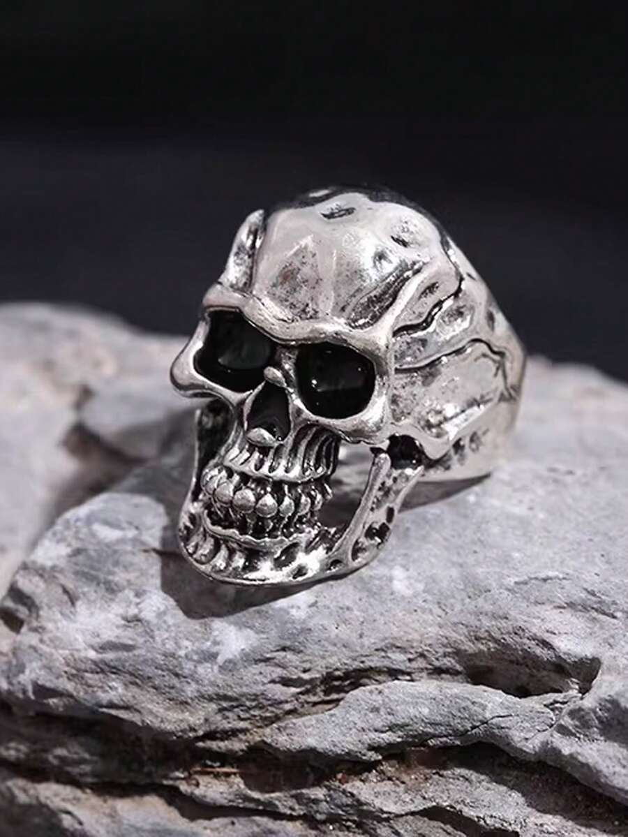 1 件哥特式骷髅戒指，深色风格男士配饰，复古朋克风格，适合万圣节和男女通用 - 裂紋骷髏頭 - 查看 1