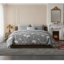 3 pezzi Set copripiumino in 100% cotone con stampa floreale di tarassaco grigio 160x200 / 220x200 cm, biancheria da letto botanica minimalista moderna con federe con cerniera 70x80 cm, copripiumino traspirante - Grigio - Visualizzare 3