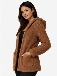 Women's Teddy Animal Print Hooded Jacket – Leopard Style With Fur Pockets - Everyday Wear - Rust Brown - View 5