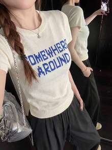 Women's Spring/Summer Retro Casual Short-Sleeve Knit Sweater | Round Neck Top With Letter Jacquard Pattern - Apricot - View 3