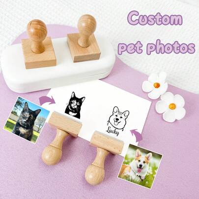 Personalized Dog & Cat Portrait Wooden Rubber Stamp, Pet Lover Gift, Pet Memorial, Custom Line Art Stamp For Crafting, Wooden Handle Rubber Stamp, Customized Line Art Pet Stamp