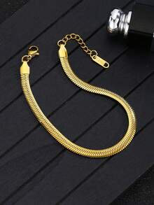 1条18K镀金极简扁平蛇骨链手链，女士优雅人字纹手链饰品，时尚腕带礼品 - 金黃色 - 查看 2