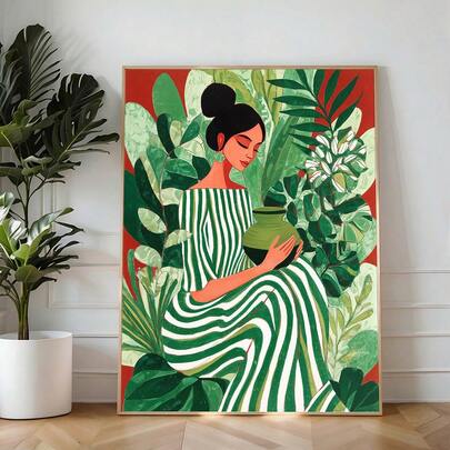 1pc Bohemian Tropical Woman Wall Art Picture Green Striped Dress With Vase Illustration Prints Canvas Paintings Botanical Posters Modern Decor For Living Room Bedroom Bathroom Room Decor Gift For Her Unframed Or Framed