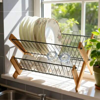 Escorredor de pratos dobrável em aço carbono e bambu / escorredor de louça / porta-talheres / organizador de louça doméstico