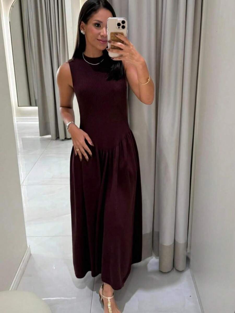 Vienna Midi Dress, Elegant Modal Pleated Party Dress - Màu Đỏ Sâu - Xem 1