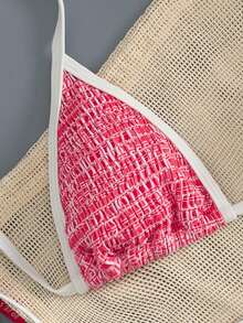 女士红白褶皱面料比基尼套装，三角挂脖滑动罩杯细系带比基尼上衣，侧边系带可调节下装，低腰高衩性感夏季海滩度假装 - 紅色 - 查看 3