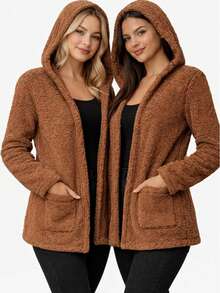 Women's Teddy Animal Print Hooded Jacket – Leopard Style With Fur Pockets - Everyday Wear - Rust Brown - View 4