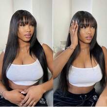 13x4 Lace Front Wig With Bangs Real Human Hair, Silky Straight 180% Density Lace Frontal Wigs With French Fringe Bangs, Baby Hair Pre Plucked Natural Hairline Wig Natural Black Color 16-32 INCH, Elegant Airy Fringe Lace Wigs With Bangs, Perfect For Graduation, Anniversary, Holiday Wear Occasions - SNatural - Xem 9
