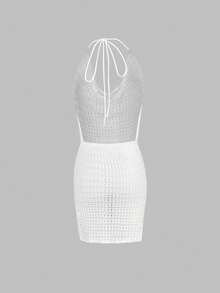 女士夏季透视镂空露背针织沙滩罩衫连衣裙，轻盈性感度假风 - 白色 - 查看 8