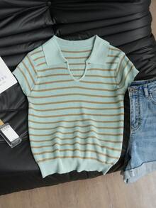 Women's Knit Top, Stylish Slimming Striped Contrast Color V-Neck Knit Sweater, Short Sleeve Summer - Blue - View 9