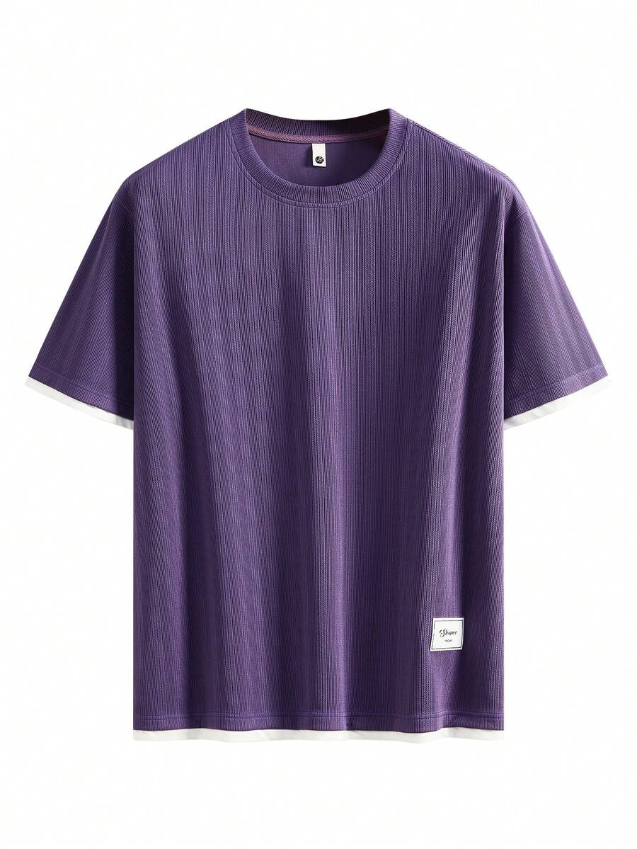 Plus Size Short Sleeve T-Shirt, Fashionable Jacquard 2 In 1, Suitable For Summer - Purple - View 1