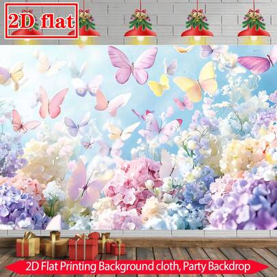 2D Flat Printing Background Cloth, 1pc, Whimsical Butterfly And Flower Party Backdrop, Vibrant Blue Sky Design, Large Fabric Banner, Ideal For Birthday Celebrations, Girls' Parties, Indoor/Outdoor Photography Decor, Stunning Floral Arrangement With Pastel Flowers, Perfect For Event Decorations And Home Decor