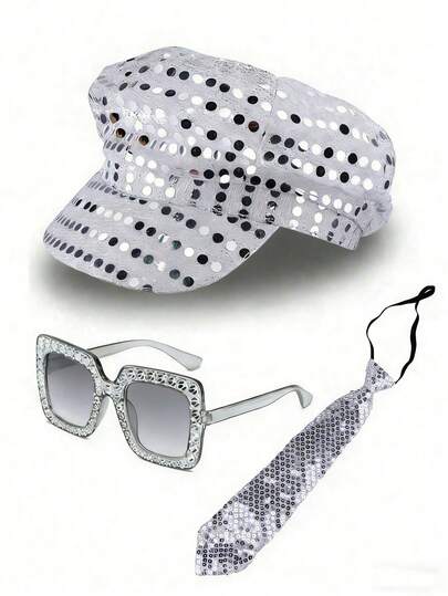 3件套亮片帽子+眼镜+领带复古贝雷帽，万圣节表演服装配饰，南瓜吸血鬼套装，秋季