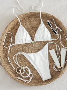 White Jacquard High Elasticity Fabric Women's Bandeau Bikini Set, Sexy Casual Swimwear, Suitable For Vacation, Travel, Party, Summer Beach Wear - Apricot - View 2