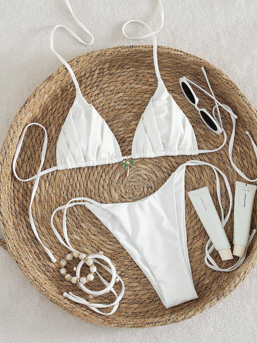 LOPIPILIU 2026 White Triangle Elegant Shirring New Design Bikini Set, Sexy Casual Swimsuit For Women, Holiday Vacation Party Summer Beach Wear Outfits, Y2K Hot Girl Summer Clothes, Coconut Tree 3D Decor Swimwear - Apricot - View 1