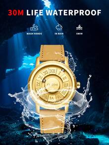 DOM 1pc Men's Watch, Retro Style Roman Numeral Dial Quartz Waterproof Wristwatch, Unique Magnetic Levitation Technology, Leather Strap And Steel Strap, Suitable For Gifts And Daily Wear - Gold Dial Brown Leather Strap - View 10