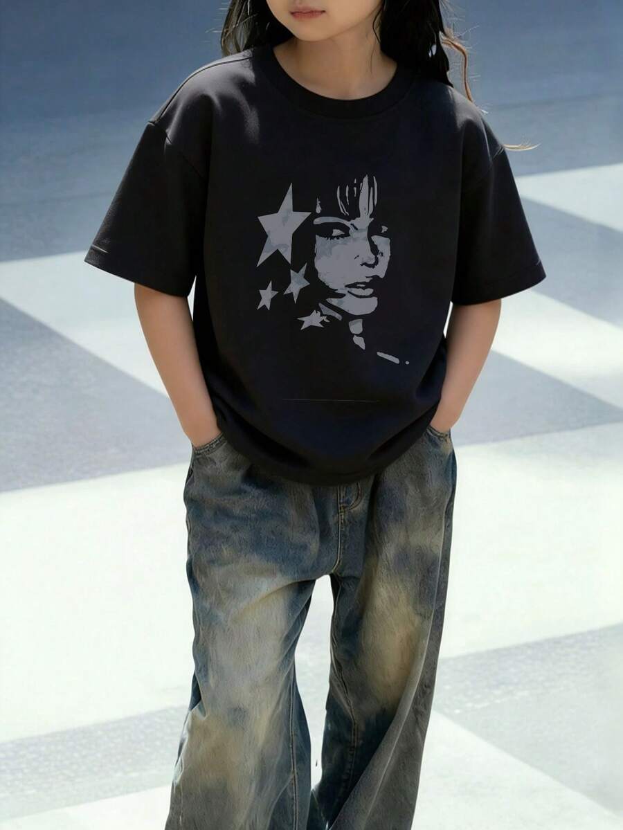 Summer Casual Star Print Round Neck Short Sleeve T-Shirt, Suitable For Girls And Children - Fashionable Star Design T-Shirt That Inspires Children's Imagination And Self-Expression! Children's Wear, Girls' Graphic Tee, Summer Top, Teen Clothing - Black - View 1