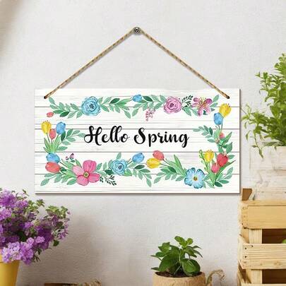 1 tấm trang trí cửa bằng gỗ mùa xuân, tấm trang trí cửa chào đón mùa xuân bằng gỗ, đồ trang trí hoa mùa xuân đầy màu sắc, thích hợp để trang trí cửa trước mùa xuân, đồ trang trí treo ngoài trời cho sân vườn.