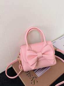 1个粉色荔枝纹理3D蝴蝶结亮面PU皮革小手提包，磁扣开合，甜美风格单肩/斜挎包，适合日常使用 - 粉色 - 查看 2