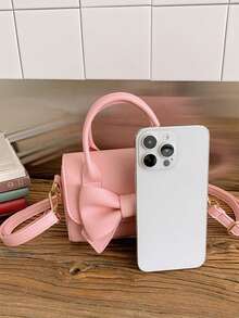 1个粉色荔枝纹理3D蝴蝶结亮面PU皮革小手提包，磁扣开合，甜美风格单肩/斜挎包，适合日常使用 - 粉色 - 查看 4