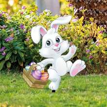 Easter Bunny Ground Stake, Cute Rabbit With Colorful Eggs, Outdoor Easter Themed Holiday Decor - A - View 1