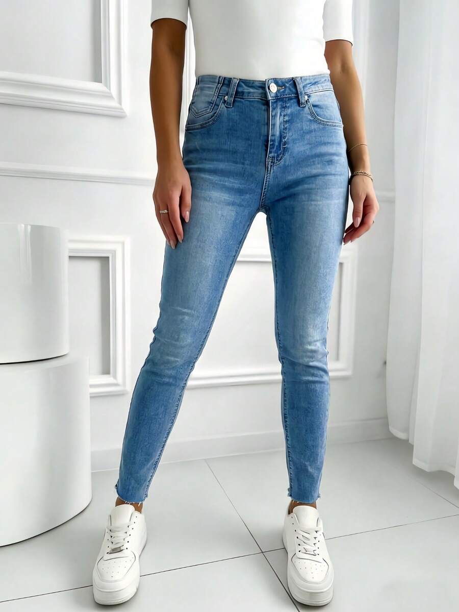 女士長褲牛仔褲skinny 帶彈性 口袋 舒適 牛仔褲 排紐簡約日常穿搭 - skinny藍色 - 查看 1