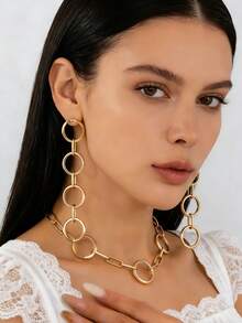 3pcs Geometric Circle Combination Necklace And Earrings Set, Minimalist Exaggerated Design, Suitable For Women's Daily, Party, Music Festival Wear - Gold - View 10