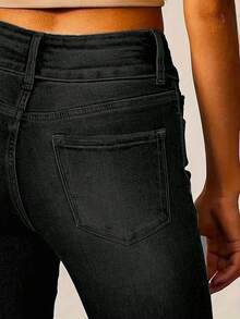 Jeans de mujer con diseño de doble botón elástico, pierna acampanada versátil y casual - Negro - Ver 5