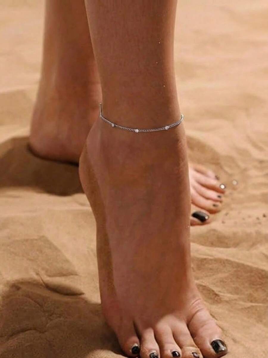1件极简银色链脚链，精致串珠脚链，简约波西米亚风沙滩夏季饰品，女士礼物 - 銀色 - 查看 1