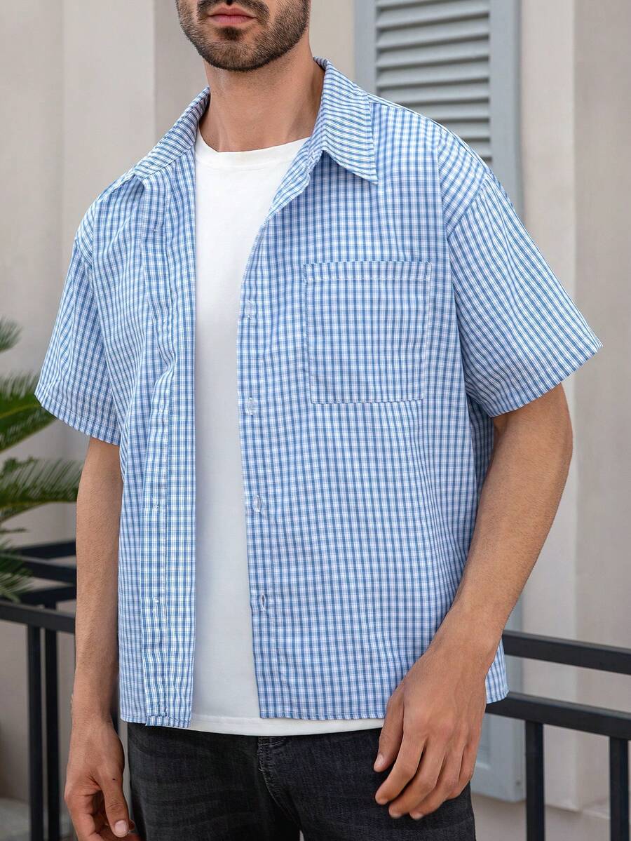 Men's Casual Patterned Short Sleeve Shirt, Loose Fit Retro Plaid Open Front Top - Blue - View 1
