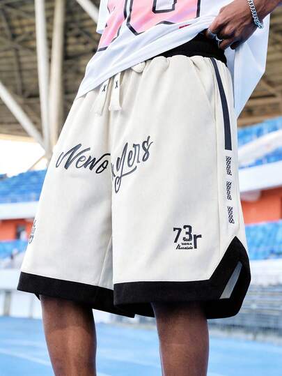 EVRINFINITE 1 件男士男友风格宽松条纹字母印花抽绳腰休闲百慕大短裤，适合运动、跑步、夏季