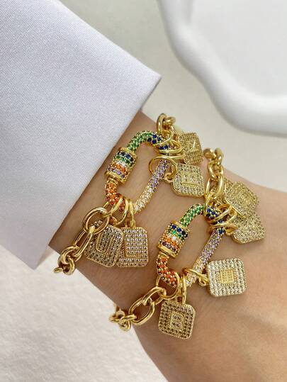 1 pieza Pulsera con letra dorada, cadena con broche de diamante de colores, cadena de acero inoxidable, pulsera de perlas de moda, pulsera de lujo única para mujer