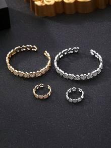 1 Set, Pulsera y anillo de mujer con forma de corazón de circonita cúbica, elegante y de moda, pulsera chapada en oro, pulsera chapada en plata, opciones de doble color, accesorios para las manos, joyería, adecuado para uso diario, regalo ideal para el Día de San Valentín, distribución de Ramadán, cocina de Ramadán, regalo de Eid Al-Fitr, obsequio de Eid Al-Fitr - Amar - Ver 4