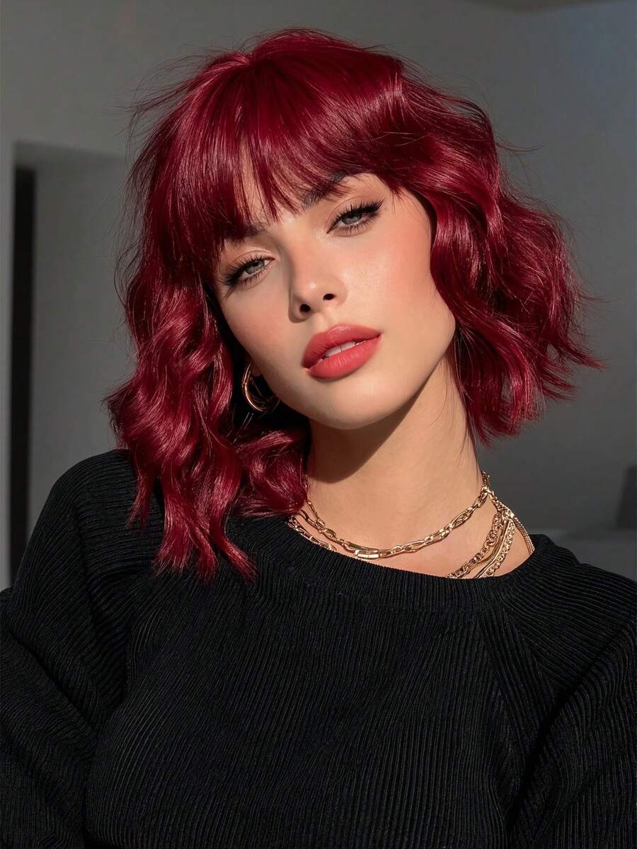 12-Inch Red Short Curly Bobbed Wig With Bangs, Synthetic Curly Bobbed Wig Suitable For Girls, Natural Appearance, Suitable For Daily Wear, Parties, Cosplay And Other Occasions (Please Note The Wearing And Maintenance Methods, The Actual Product Color May Differ Slightly From The Picture Due To Lighting And Angle During Shooting) - Red - View 1