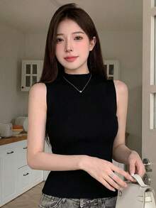 Áo tank top dệt kim ngắn tay dáng suông, ôm dáng, màu đen, dành cho nữ, kiểu dáng thường ngày, màu hè 2026 của Y6Y. - màu đen - Xem 7