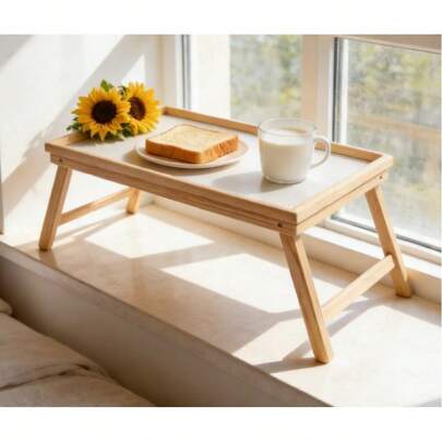1 paquet Table de petit-déjeuner en bois - Plateau de lit multifonctionnel avec cadre en bois de pin robuste, design gain de place pour le lit et le canapé, bureau portable pour manger, travailler et lire