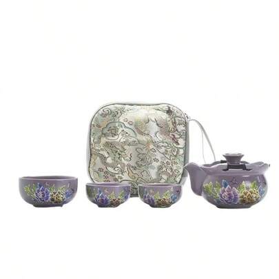 Purple Ru Porcelain Peony Chinese Style Portable Tea Set, 1 Teapot 3 Cups Travel Tea Cup Set