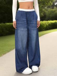 少女休闲阔腿裤，蓝白条纹宽松版型，现代风格，时尚长裤，轻便透气 - 深色水洗藍 - 查看 3